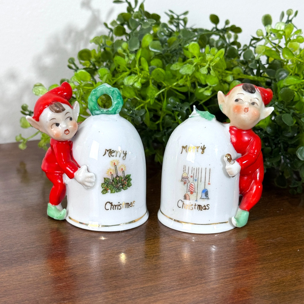 Vintage Christmas Pixie Elf Bell Ornaments Japan Porcelain Pair MCM 1950s